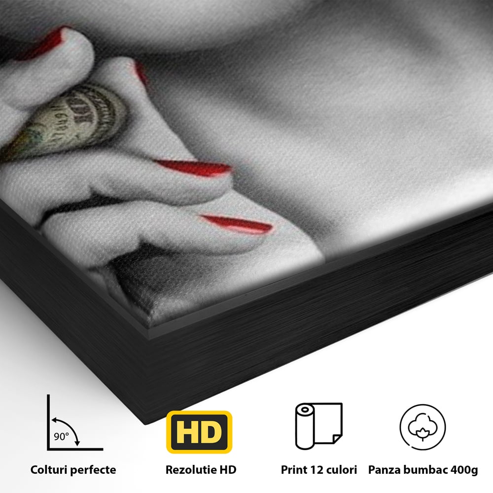 Detaliu al suprafetei: tablou canvas cu buze rosii si tigara de bani, in rama de aluminiu negru